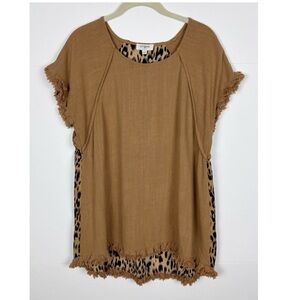 Umgee Top Womens Medium Brown Cheetah Leopard Print Fringe Western Linen Cotton